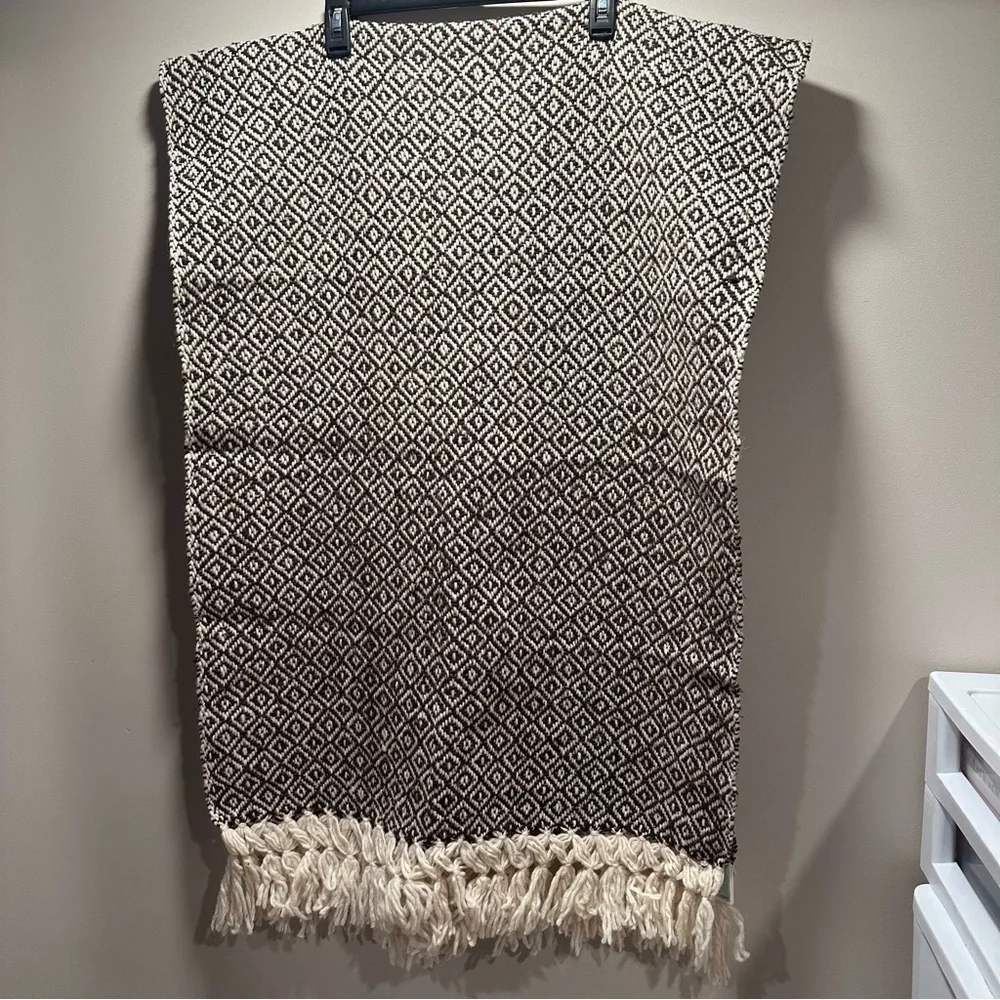Mexican Rebozo Shawl in Brown on Cream –100% Raw Wool, Thick, Large Winter Wrap